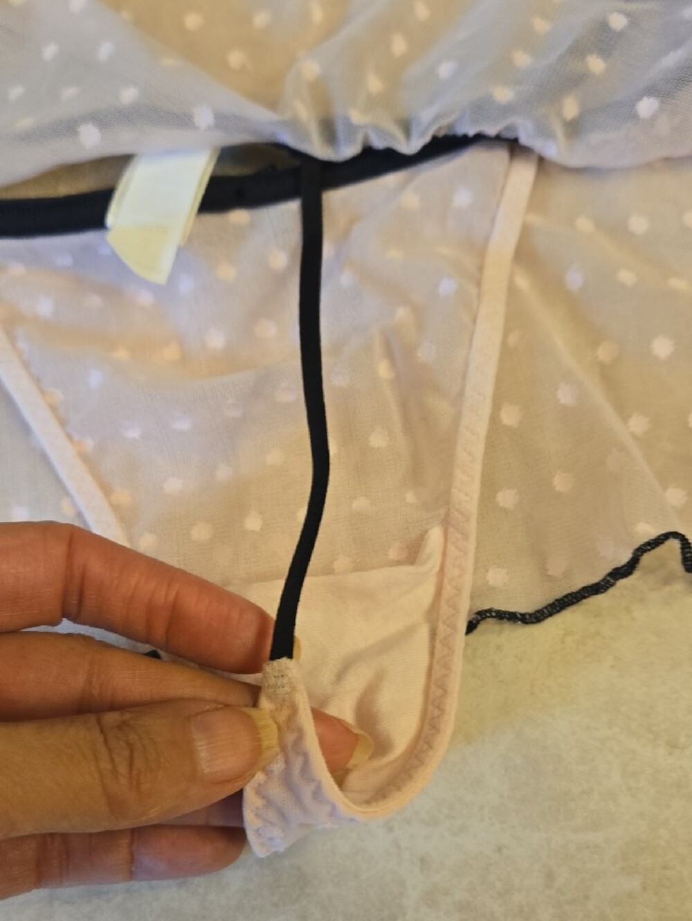 Frederick's of Hollywood Pink Mesh Polka Dot Bra & Skirt Set & Black Trim NWOT - Picture 5 of 9